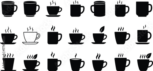 Coffee cup icon set, tea mug silhouettes, hot beverage symbols, steam graphics, black vector cups, café design, drink illustration, minimal style