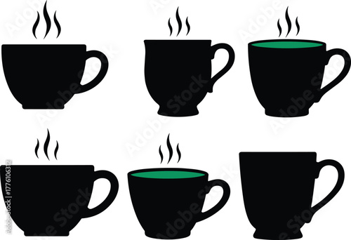 Hot beverage cup collection, coffee mugs, tea cups, steam icons, silhouette design, black cups, green liquid, warm drink illustration, vector style, kitchen graphic