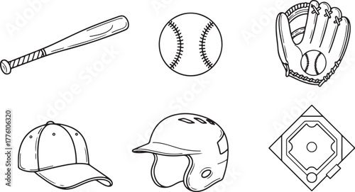 Baseball Equipment Line Art Icons Set glove catcher