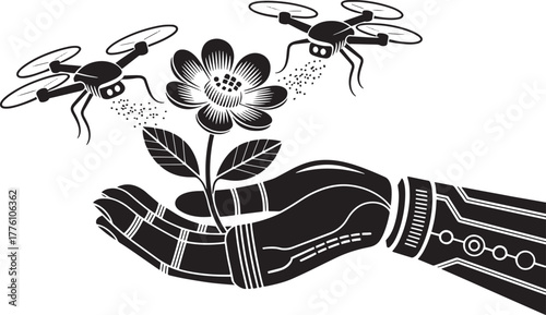 Robotic hand flower drones organic technology future nature environmental innovation