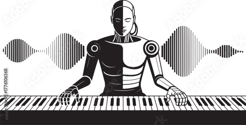 Robot Plays Keyboard: Futuristic Musician, Artificial Intelligence Concept Art