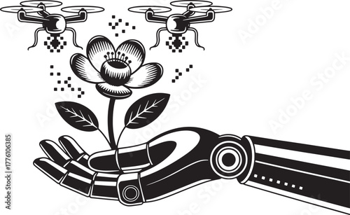 Robotic hand holds flower concept of ecological innovation and technology future