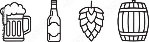 Beer Icons Mug Bottle Hops Barrel Line Art vector illustration