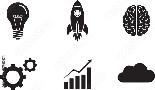 Black Icons Representing Ideas Innovation and Business Growth light bulb creativity