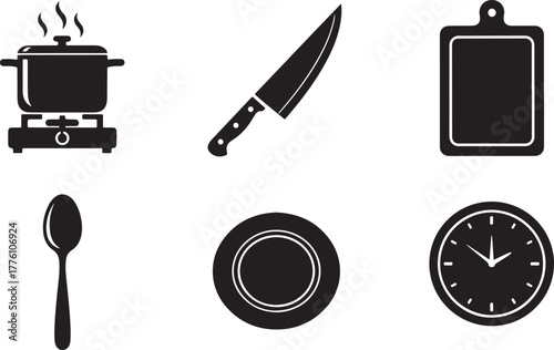 Black Silhouette Icons of Kitchen Utensils and Appliances stove knife