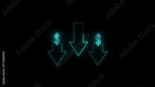  Neon Dollar Sign Icon with down allow symbol - Financial Focus and Wealth Concept blue arrow isolated concept cost, crisis reduction, risk, sale savings stock symbol..
