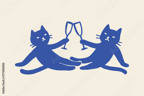 Two cats toasting with flutes, naive sketch vector illustration