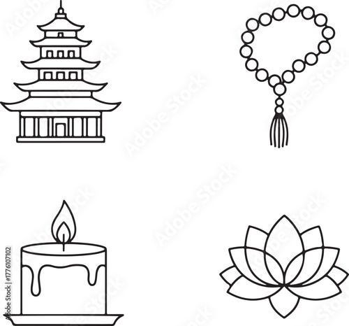 Buddhist Temple Prayer Beads Candle Lotus Flower Icons pagoda rosary