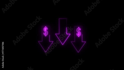  Neon Dollar Sign Icon with down allow symbol - Financial Focus and Wealth Concept blue arrow isolated concept cost, crisis reduction, risk, sale savings stock symbol..