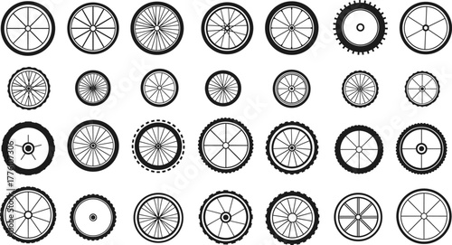 Wheel design collection, spoke patterns, tire textures, mechanical parts, black rims, gear wheels, vehicle components, round shapes, engineering elements, machine style