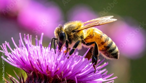 A honeybee, with yellow and black stripes, gathers nectar from a vibrant purple thistle flower