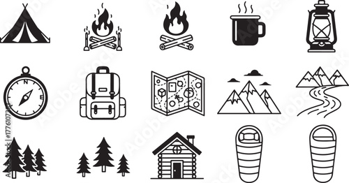 Camping and Outdoor Adventure Icons Set tent campfire