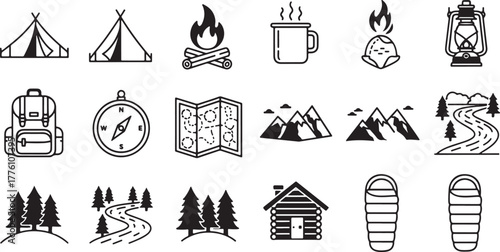 Camping and Outdoor Adventure Icons Tent Fire Mug Compass Map campfire