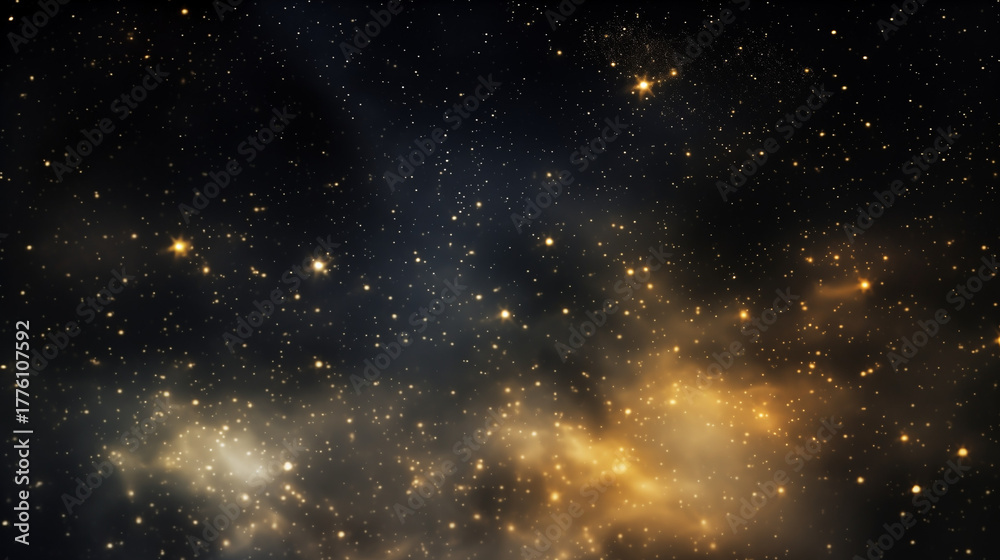 Naklejka premium Abstract Dark Background with Golden Sparkling Stardust and Nebula. Celestial Glitter Texture, Magic, Celebration, Festive Overlay.