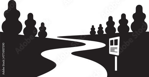 Winding pathway amidst stylized trees and a signpost flat vector illustration design