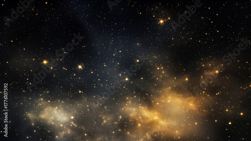 Abstract Dark Background with Golden Sparkling Stardust and Nebula. Celestial Glitter Texture, Magic, Celebration, Festive Overlay.
