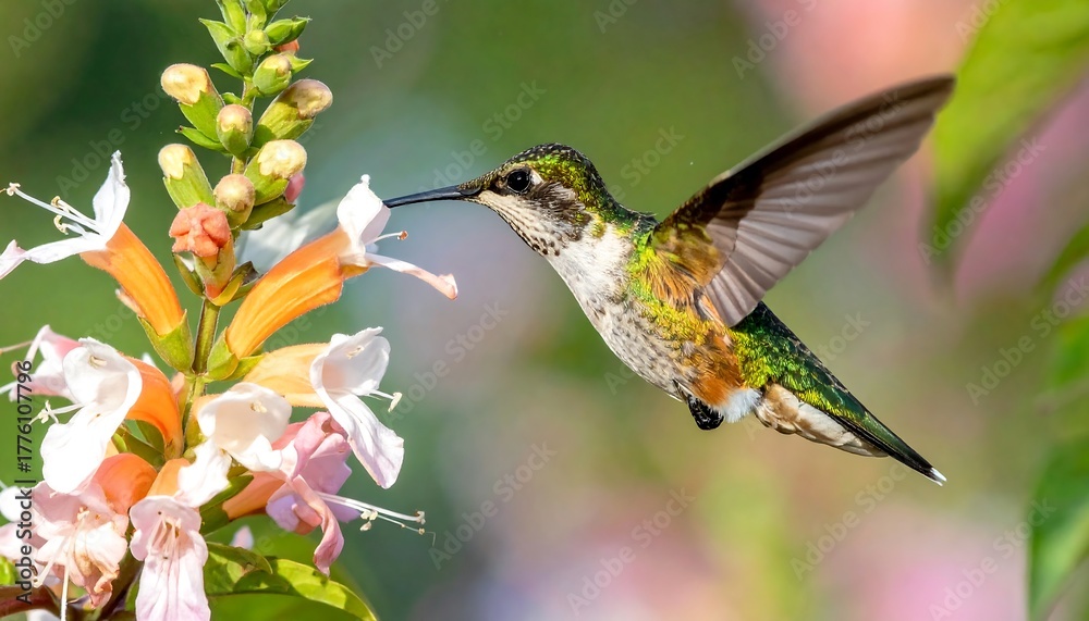 Fototapeta premium A hummingbird, captured mid-flight, approaches a vibrant orange and white flower, nature scene