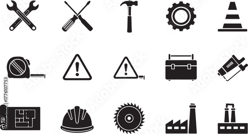 Collection of Black Silhouette Icons for Construction and Industry wrench screwdriver