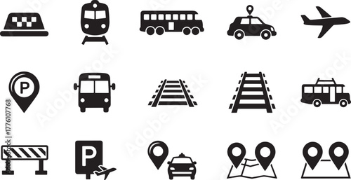 Collection of Black Silhouette Icons for Transportation and Travel Keywords: taxi, train, bus