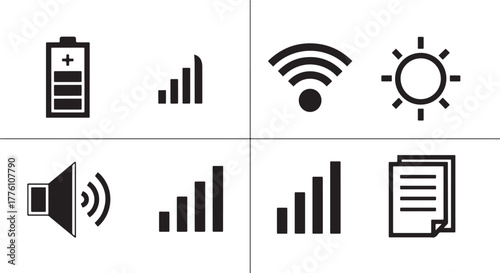 Collection of common digital interface icons on white background battery signal