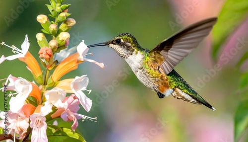 A hummingbird, captured mid-flight, approaches a vibrant orange and white flower, nature scene