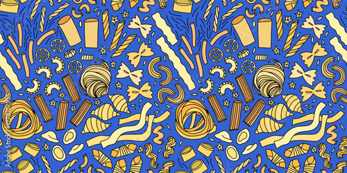 Italian food design with assorted pasta types, colorful hand-drawn vector seamless illustration