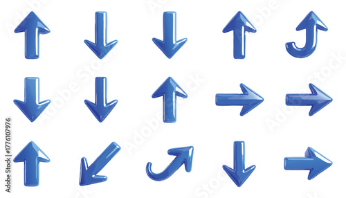 Collection of glossy blue directional arrows pointing up down left right and curved on a white background
