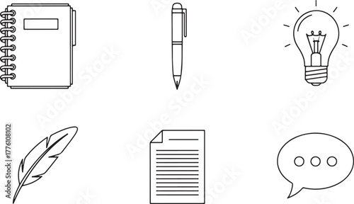 Collection of writing and idea generation icons on white background Keywords: notebook, pen