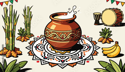 Traditional indian harvest festival celebration with clay pot sugarcane bananas and drum