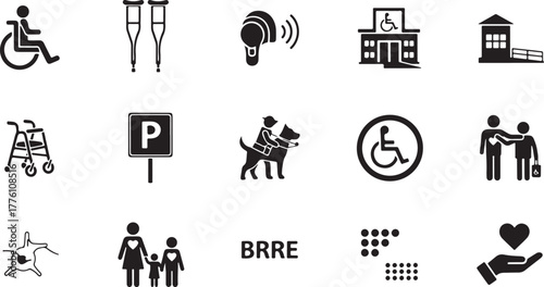 Disability and Accessibility Icons Wheelchair Crutches Walker Dog vector illustration