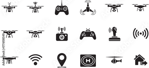 Drone and Remote Control Icons Set quadcopter joystick