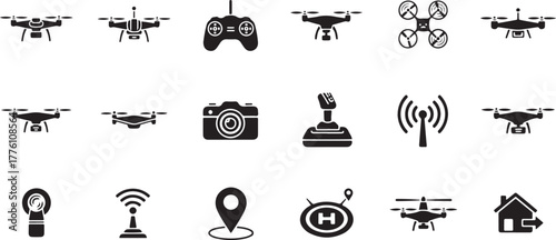 Drone Technology Icons With Remote Control And Camera quadcopter aerial