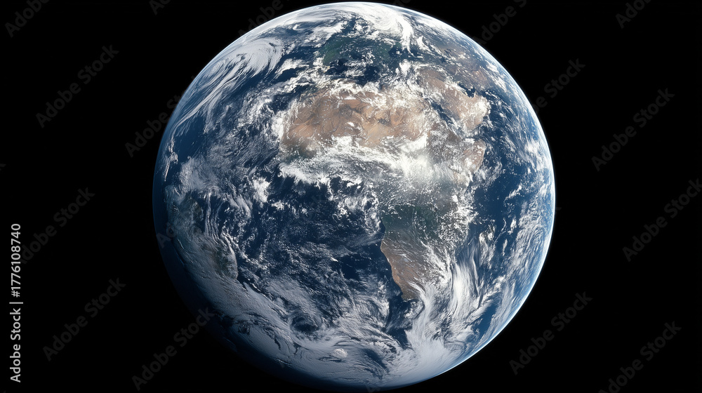 Obraz premium AI-generated image - Satellite photograph of planet Earth showing detailed continents, oceans, and clouds from space with a calm and majestic atmosphere.