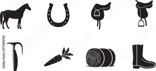 Equestrian and Horse Riding Icons with Horse Saddle and Horseshoe bridle