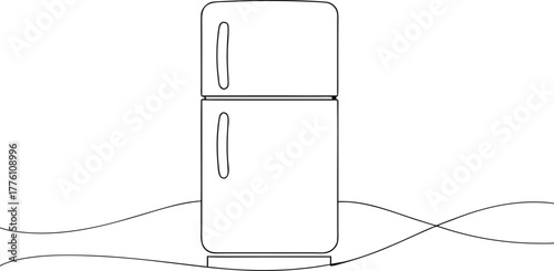 Black outline of a two-door refrigerator on a white background with wavy lines