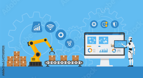 Business automation and technology concept Robotics, AI, data analysis, and process optimization for efficiency