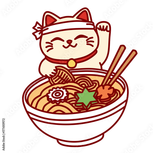 A cheerful Maneki-neko lucky cat sits happily inside a big bowl of delicious ramen noodles