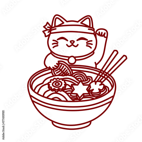A cheerful Maneki-neko lucky cat sits happily inside a big bowl of delicious ramen noodles