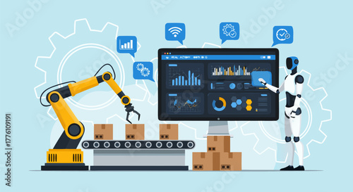 Modern Business Automation Robotic Arm and AI on Assembly Line, Smart Factory Concept for Industrial Efficiency and Growth