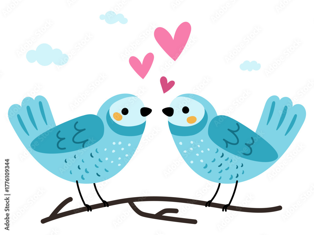Naklejka premium Two lovebirds sit next to each other on tree branch with amour hearts. Cartoon birds love and romance. Valentine animals. Birdies flight. Spring couple relationship. Vector illustration