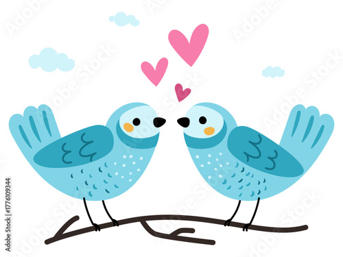 Two lovebirds sit next to each other on tree branch with amour hearts. Cartoon birds love and romance. Valentine animals. Birdies flight. Spring couple relationship. Vector illustration