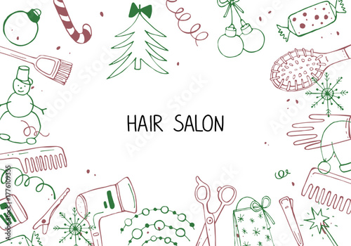 Doodle background frame with hairdressing tools for Merry Christmas and New Year greetings. Vector illustration for hair salon design.