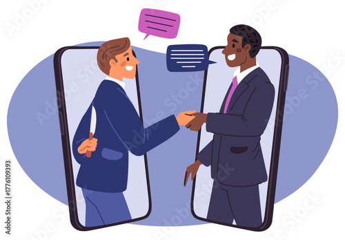 Two businessmen shake hands. One hides knife behind back. Smartphone screens. Phone technology for negotiation. Partnership sabotage. Vector concept of deception and betrayal in business