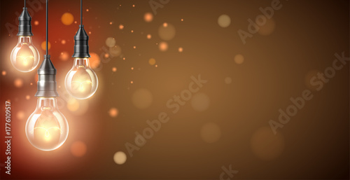 Realistic festive warm background with retro style light bulbs on strings and blurred highlights. Cozy interior. Home illumination. Loft decor. Ceiling lightbulbs glow. Vector backdrop