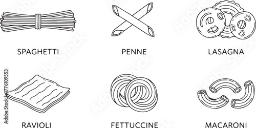 Hand-drawn pasta types with labels on white background spaghetti penne