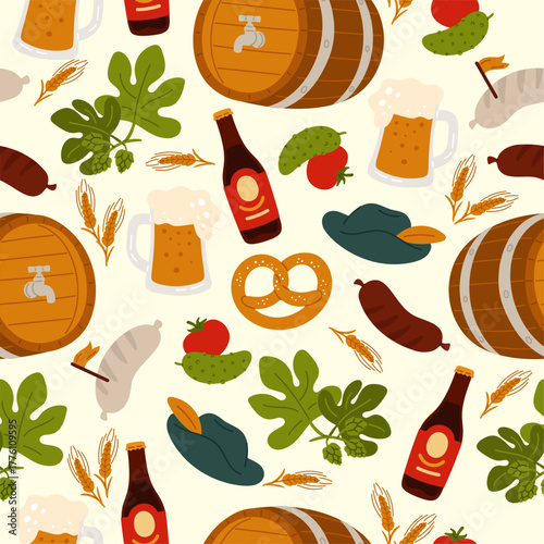 Octoberfest celebration seamless pattern. Beer barrels. Ale mugs. Pretzels and grilled sausages. Repeated print. Lager bottle. Bavarian hat. Wooden cask. Alcohol holiday. Vector background