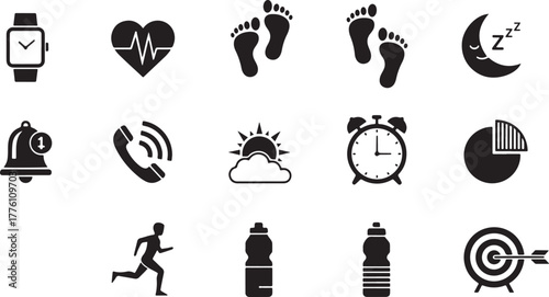 Health and Fitness Icons Smartwatch Heart Rate Footprints Moon Phone Alarm alert