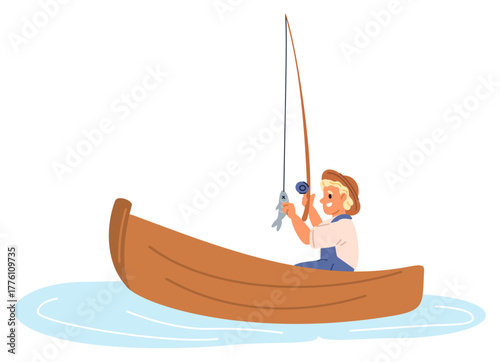 Little boy in boat catches fish in river with fishing rod. Young fisherman angling perch. Fishhook at carp. Ship on water. Fisher outdoor active leisure. Spinning angler. Vector concept