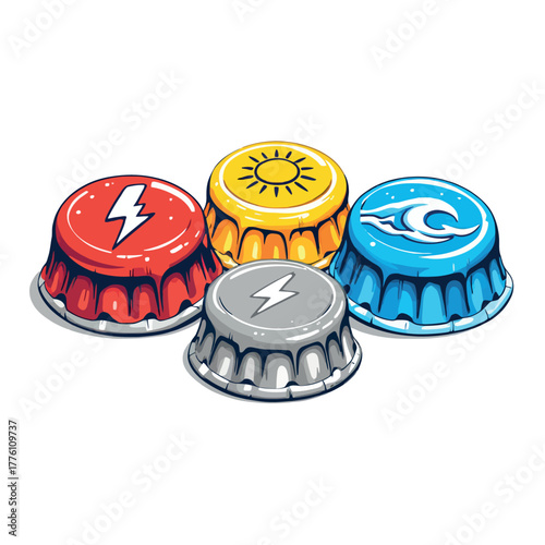 Vsai bottle caps representing various elements energy forces