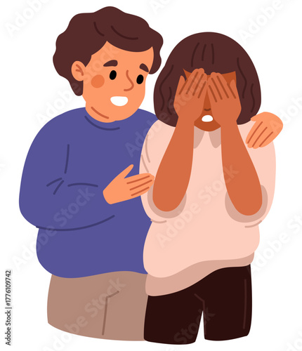 Little boy comforts and hugs crying girl. Psychological support and help for depression. Soothing embrace. Solidarity to worried sad person. Guy caring upset young woman. Vector concept